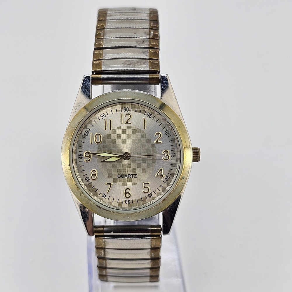 34MM Women's Watch Gold Dial Two Tone Expandable Bracelet Band 6.5" NEW Battery